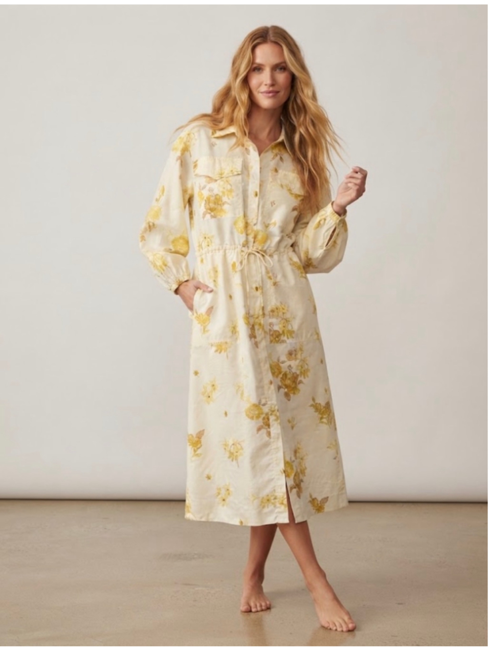 ￼Woolrich Floral Midi Shirt Dress Cream Yellow Size S